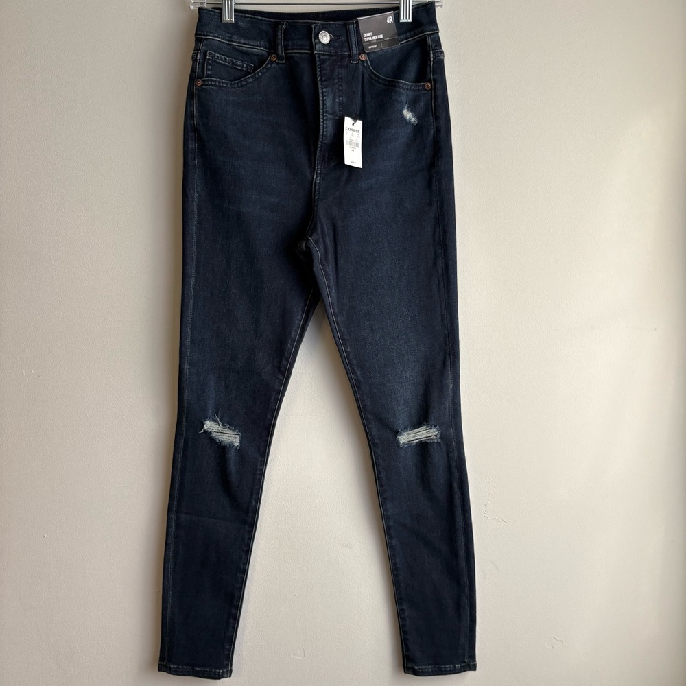 Express High Rise Skinny Jeans Dark Wash Distressed Stretch Denim NWT Size 4R